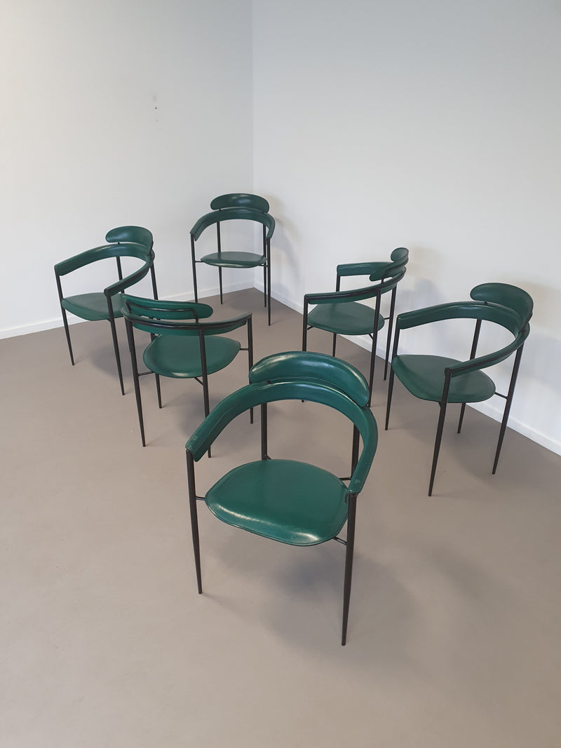 Set of Six Rare Green Leather Stiletto Chairs by Arrben with  black Frame