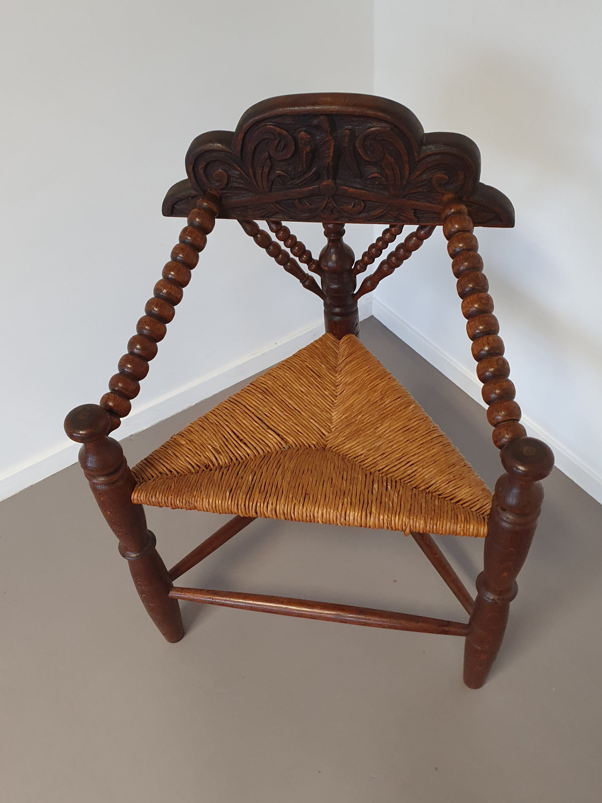 Dutch Triangular Turned Wood Corner Chair Rush Seat Knitting Armchair