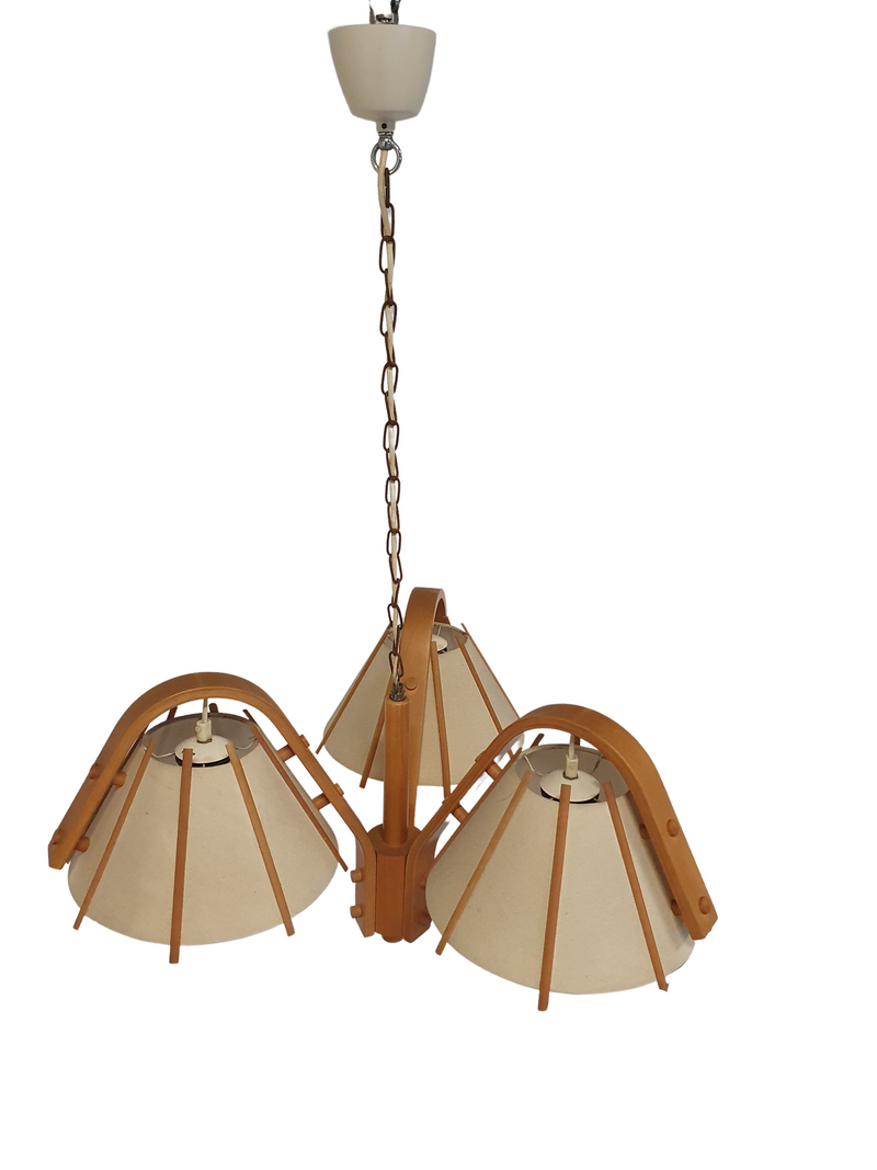 A rare bent beech and fabric three-branch ceiling pendant light by J Wickelgren and M Strandang for Aneta., Sweden. 1970s. Measure 67cm width x 40cm high.