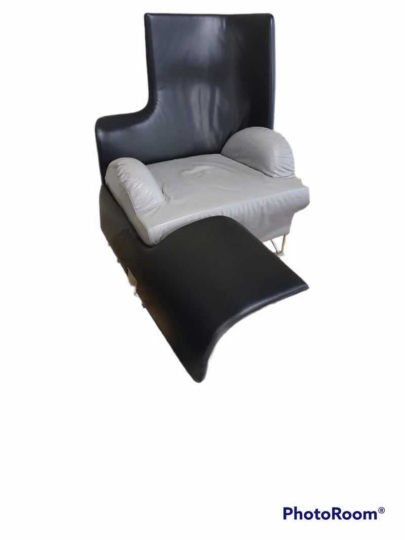 rare lounge chair with foldable footrest by Brunati / leather / grey - black