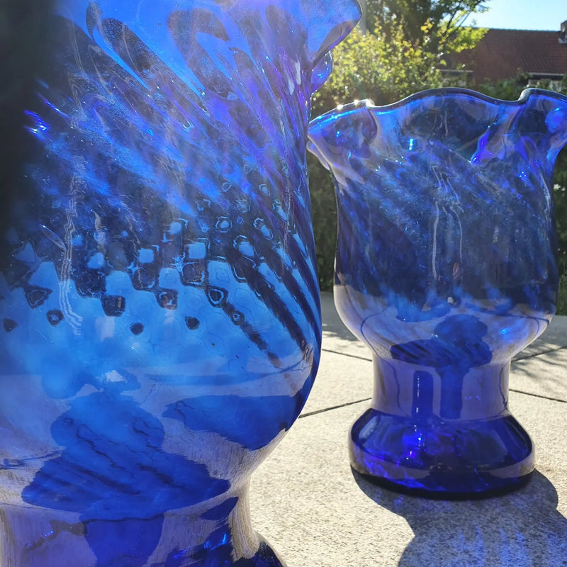 Large Vintage Spanish Cobalt Blue Glass Vases,  height 43 x deep 35, Set of 2.